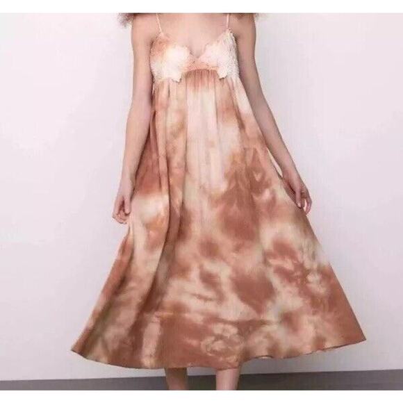 ZARA TIE DYE EMBROIDERED KNIT MIDI Halter Dress SZ LG Beige/pink Boho - Picture 1 of 12